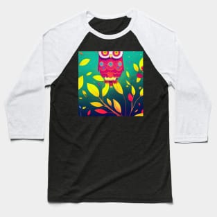 Colorful Owl on Branch Portrait Illustration - Bright Vibrant Colors Bohemian Style Feathers Psychedelic Bird Animal Rainbow Colored Art Baseball T-Shirt